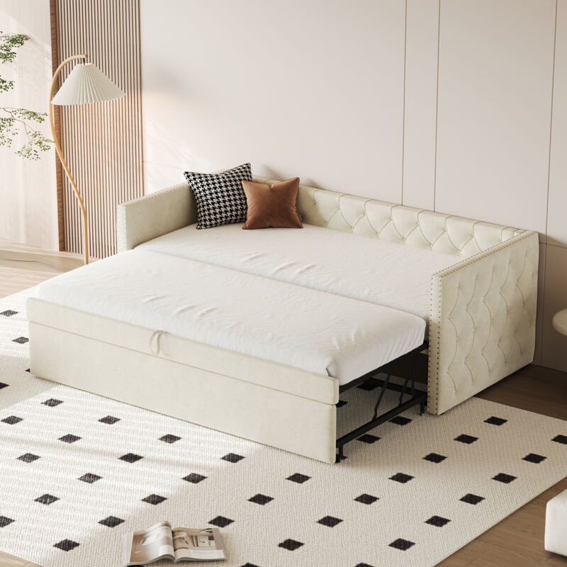 foto del prodotto letti con letti estraibili per bambini 90x200 cm, divano letto, velluto, letto singolo, senza materasso, beige