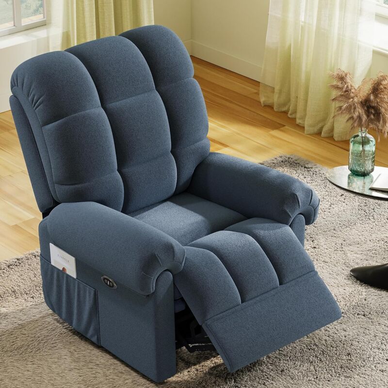 foto del prodotto poltrona relax elettrica con poggiapiedi, poltrona teddy velvet lounge, poltrona relax regolabile, usb, antistatica, comfort, blu grigio