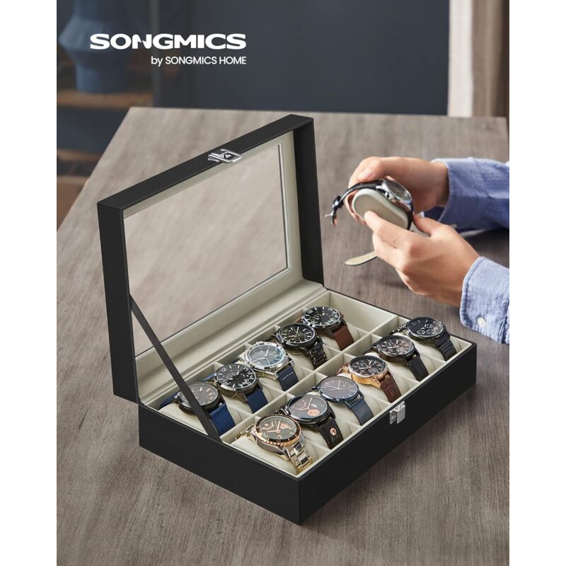 foto del prodotto songmics porta orologi a 12 posti, scatola portaorologi, coperchio in vetro, cuscini rimovibili, chiusura in metallo, idea regalo, superficie in pu