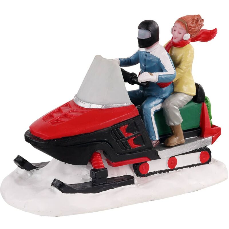 foto del prodotto statuetta decorativa natalizia motociclista con motoslitta da deve per villaggio di natale in poliresina