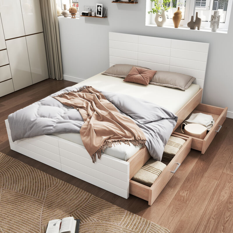 foto del prodotto letti con cassetti 160x200 cm con 2 cassetti, letti matrimoniali per adulti, legno mdf, senza materasso, bianco naturale