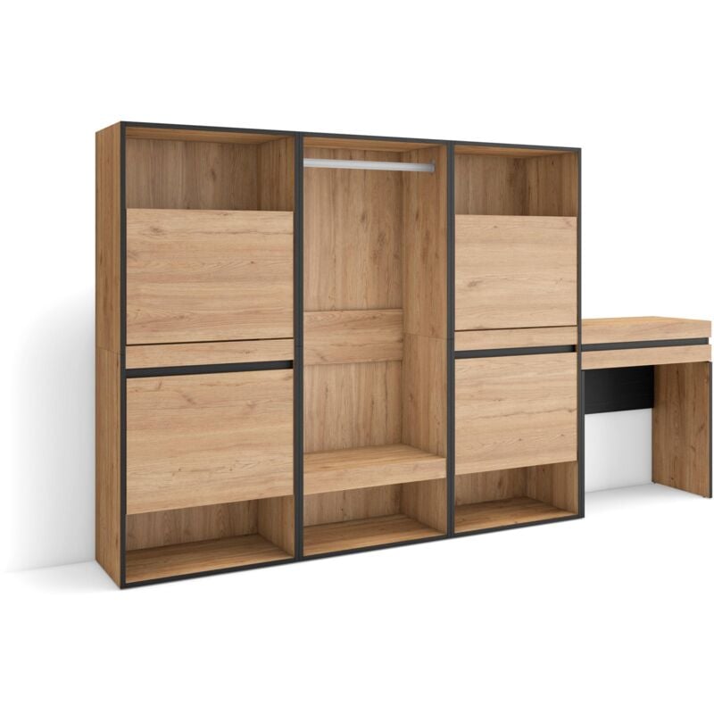 foto del prodotto scarpiera, mobile salvaspazio, 250x145x35 cm, camera da letto, stanza, armadio aperto, tavolo da toeletta, stile moderno, rovere skraut home