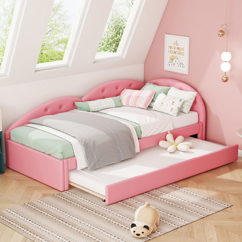foto del prodotto letti singoli 90x200cm, letto per bambini, letto per adulti, letto per ragazze, letto estraibile, pu, senza materasso, rosa