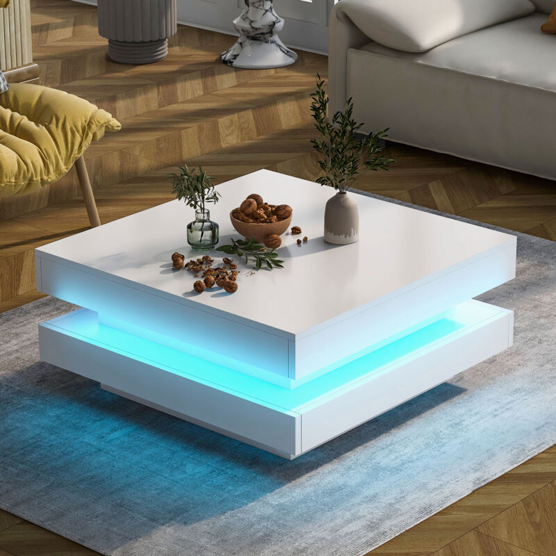 foto del prodotto tavolini bassi fissi 70x70x36cm, piano girevole a 360 , tavolino quadrato, tavolino salotto, led, moderno, truciolato, bianco