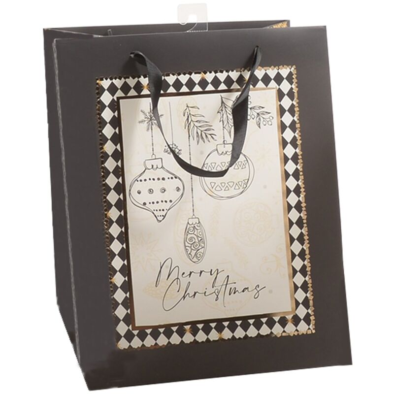 foto del prodotto sacchetto per confezioni regalo nero natalizie decorato con palline da 31 cm scacchiera
