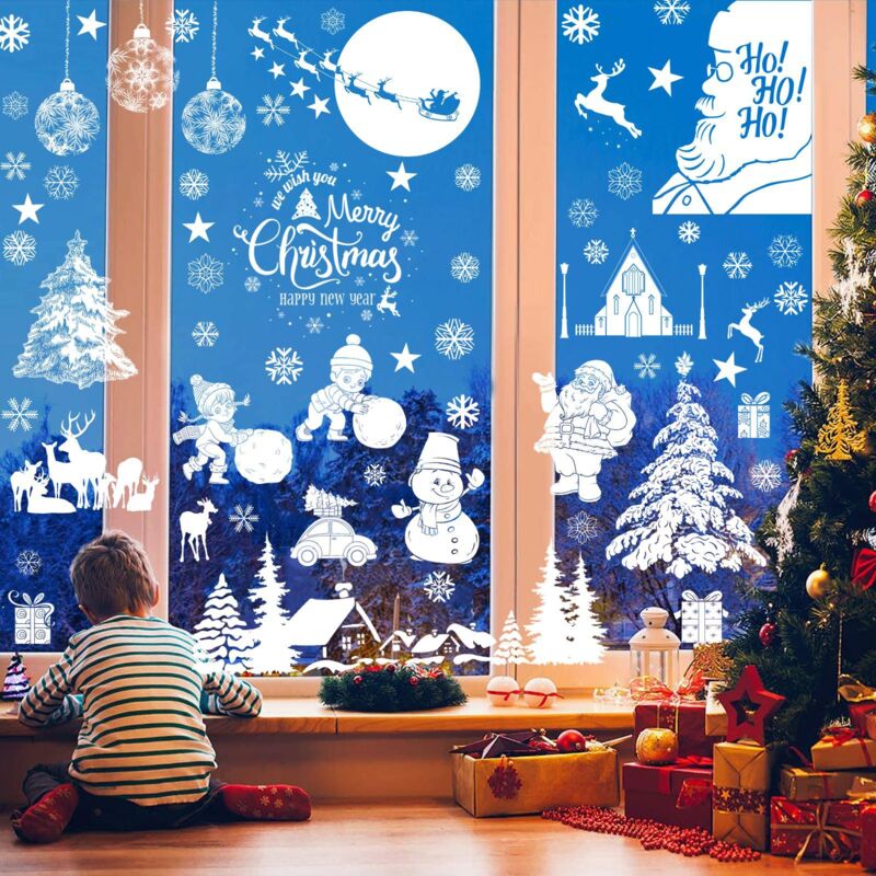 foto del prodotto cyslmuk adesivo statico per finestra natalizia, adesivo per vetro di finestra, fiocco di neve bianco, alce, adesivo per albero di babbo natale