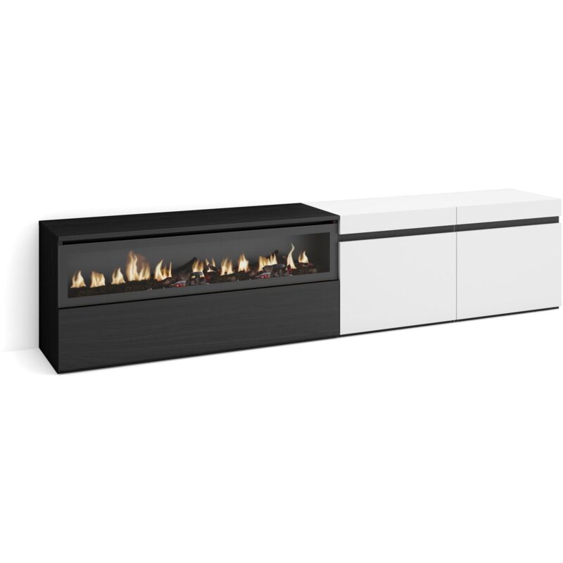 foto del prodotto mobile tv soggiorno, ampio spazio a disposizione, 200x45x35cm, per tv fino a 80 , camino elettrico, stile moderno, bianco e nero skraut home