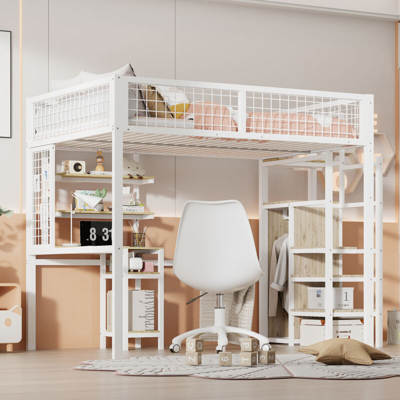 foto del prodotto letti a soppalco 140x200 letti matrimoniale per adulti bambini con armadio, scrivania, ripiano, metallo, senza materasso, bianco