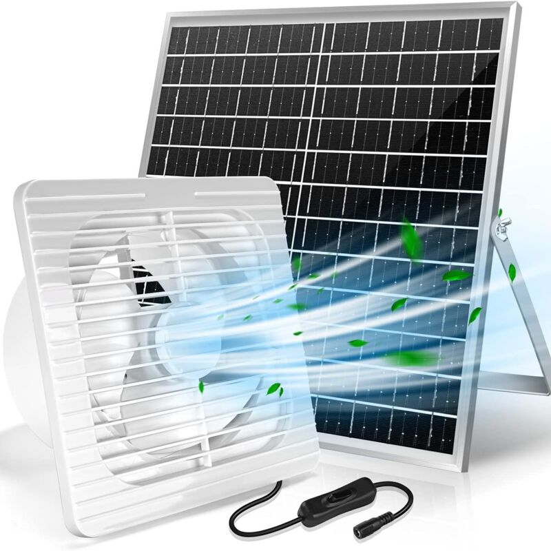 foto del prodotto ventilatore di scarico alimentato ad energia solare, pannello solare da 22 w con ventola brushless da 8 pollici per la ventilazione di capannoni,