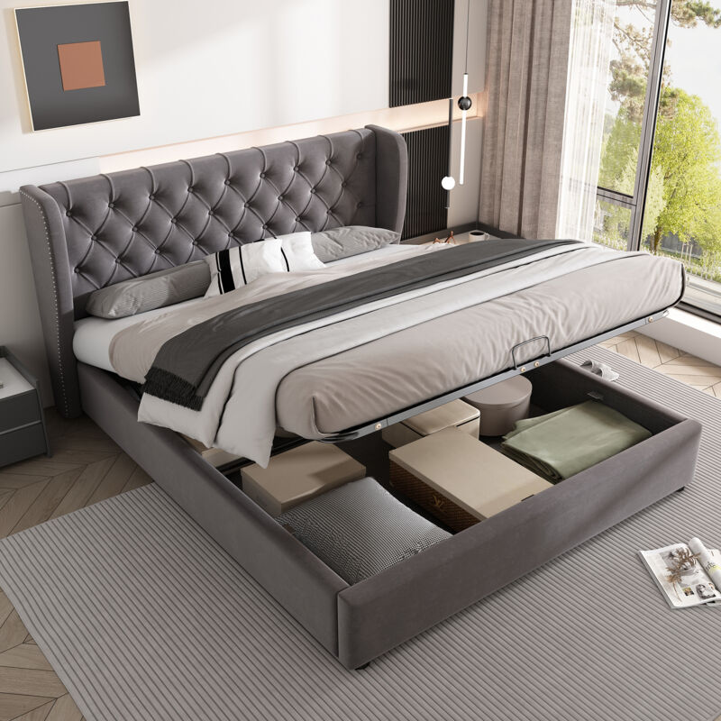 foto del prodotto letti contenitori 140x190cm letti matrimoniali per adulti bambini, idraulici, velluto, senza materasso, grigio