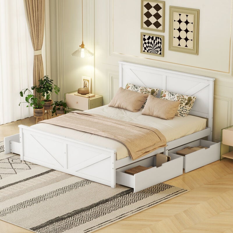 foto del prodotto letto matrimoniale per adulti 160x200cm, letto singolo in legno con 4 cassetti, senza materasso, pino, bianco