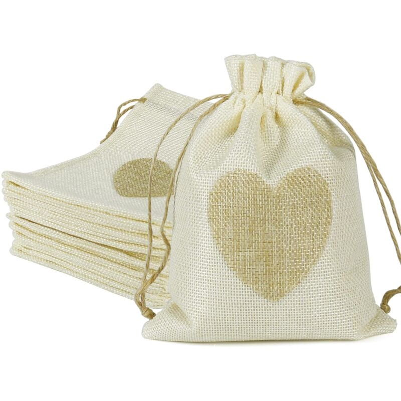 foto del prodotto 20 pieces burlap bags, 5x7 inch drawstring gift bags with heart jute bags hessian jewelry candy pouches for wedding, baby shower and diy christmas