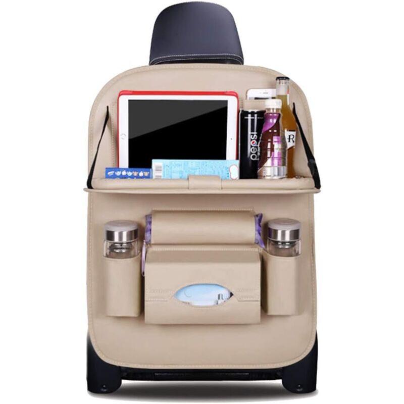 foto del prodotto car organizers kick mats luxury pu leather back seat protector with foldable tablet holder waterproof car organizers storage beige, 1 pack 