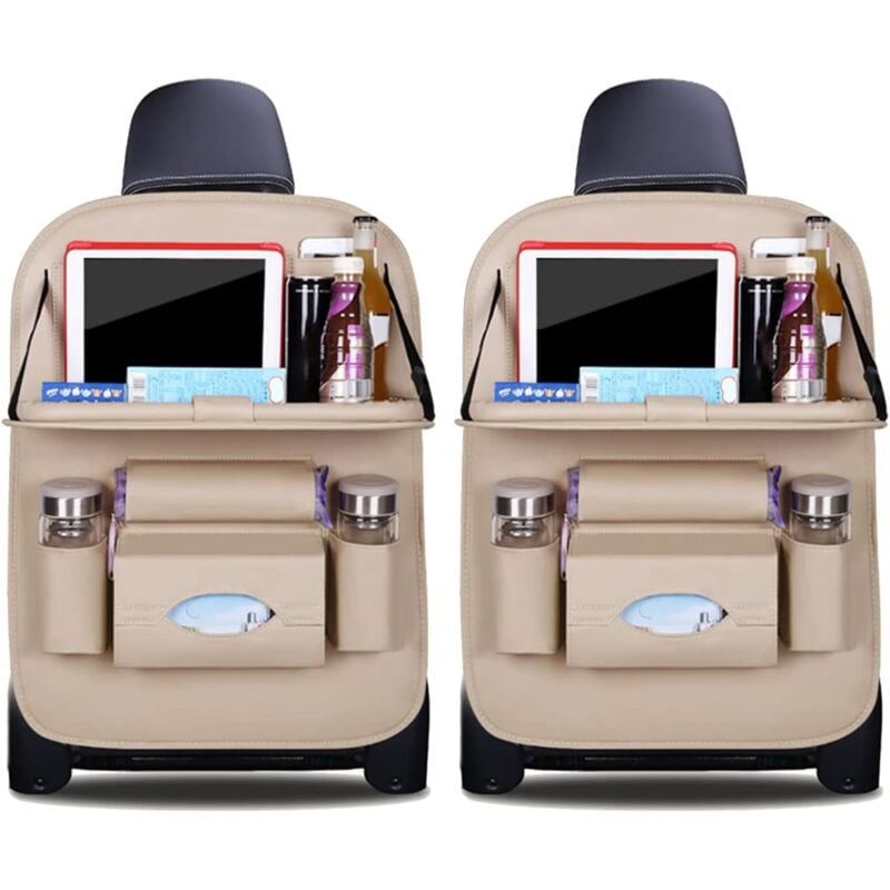 foto del prodotto car organizers kick mats luxury pu leather back seat protector with foldable tablet holder waterproof car organizers storage beige, 2 pack 