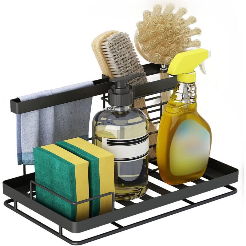 foto del prodotto kitchen sink sponge holder, kitchen sink storage sponge brush holder organizer with drainage tray, for storage dishwashing liquid, sponge, cleaning