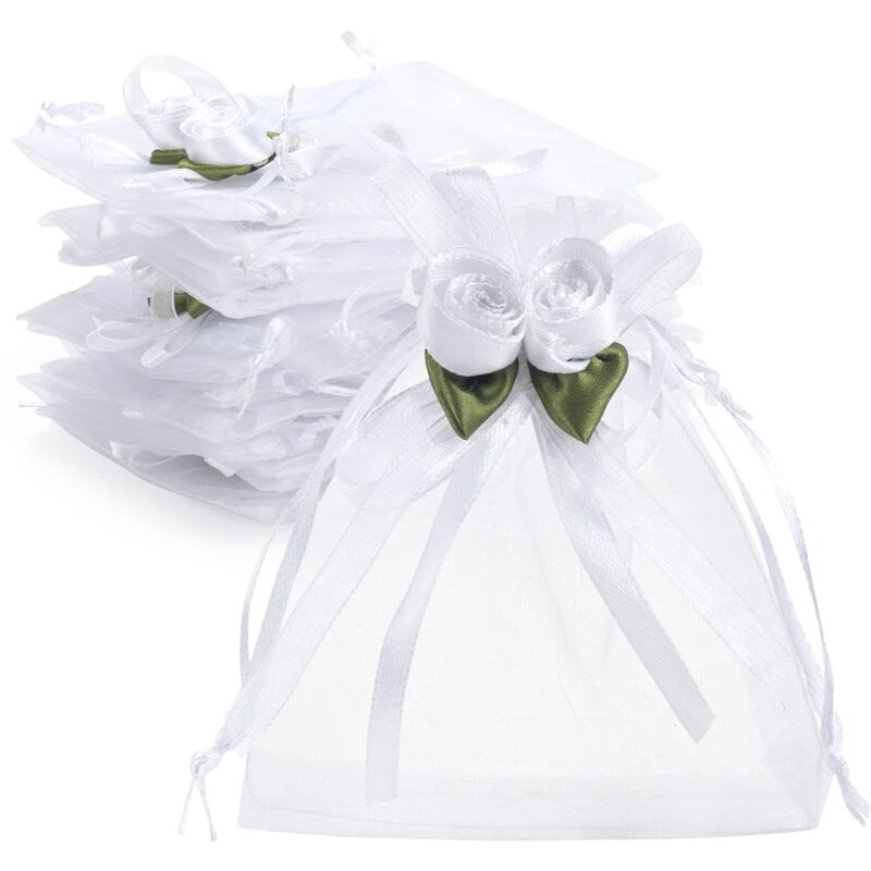 foto del prodotto 50 pack white rose organza drawstring gift bags, 4 x 5, wedding favor gift bags, small mesh candy bags, jewelry pouches for party, wedding,