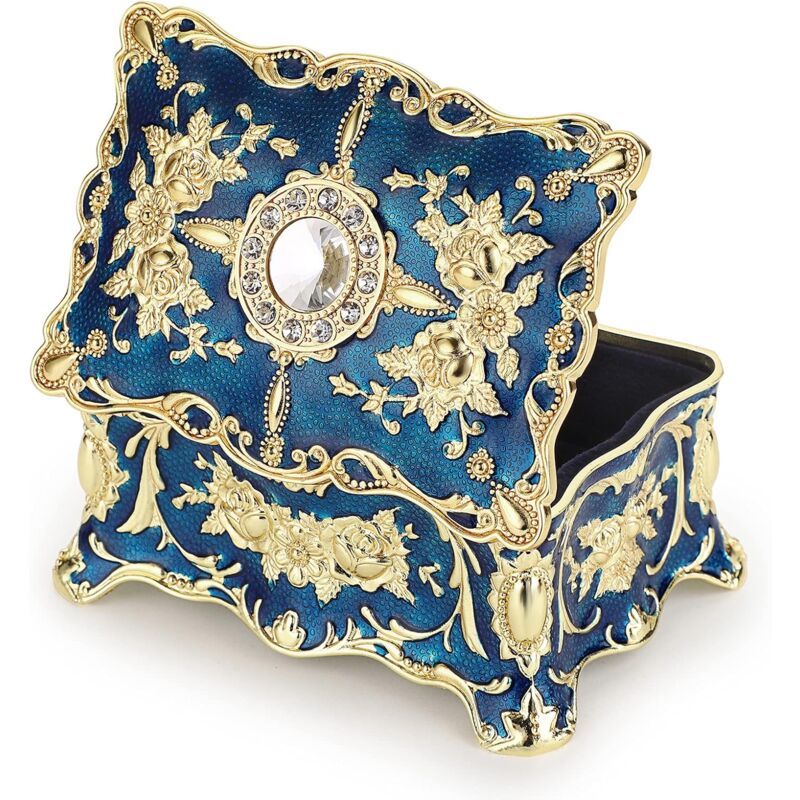 foto del prodotto vintage jewelry box vintage metal jewelry box accessory organizer for rings, earrings, necklaces mini, blue 