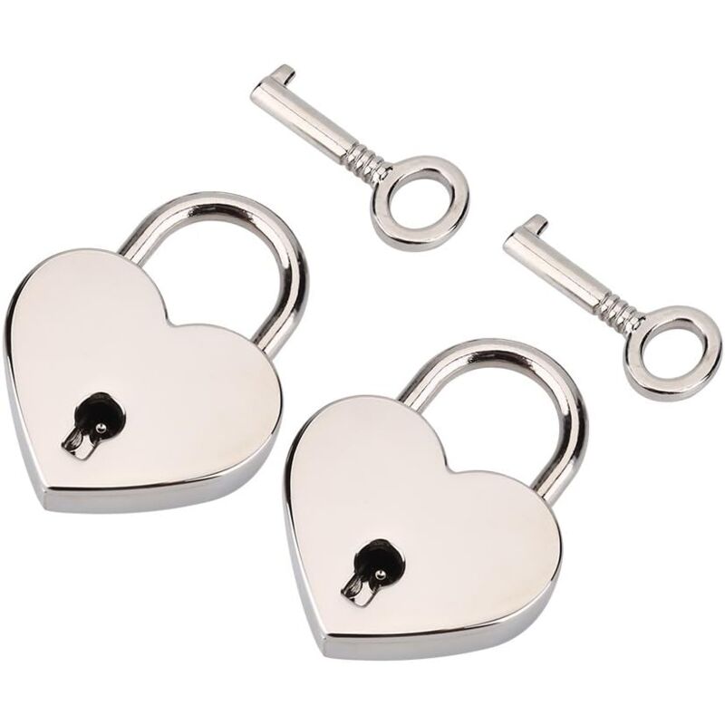 foto del prodotto 2 packs heart shaped padlock with key, zinc metal padlock and key for luggage jewelry box color silver , romantic gift for couples, gift for lovers