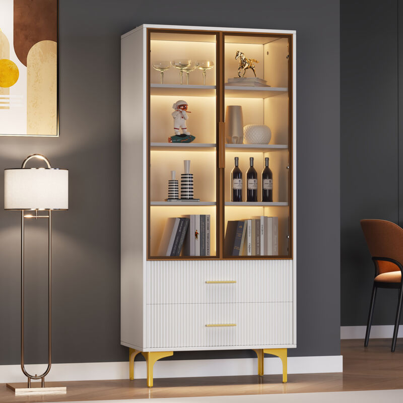 foto del prodotto okwish elegante vetrina in vetro bianco con due ante 7035150 cm ante in vetro verde acqua, gambe dorate, ripiani mobili, vetrina con luce led,