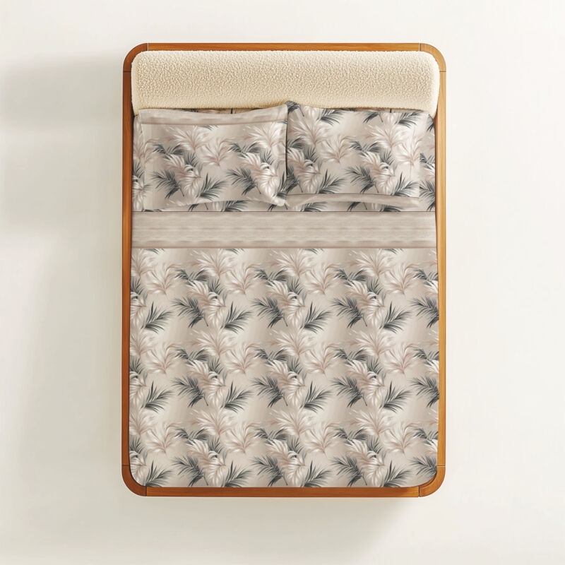 foto del prodotto tex family completo lenzuola foglie beige sabbia 100 cotone stampa naturale elegante made in italy, traspirante 1 piazza