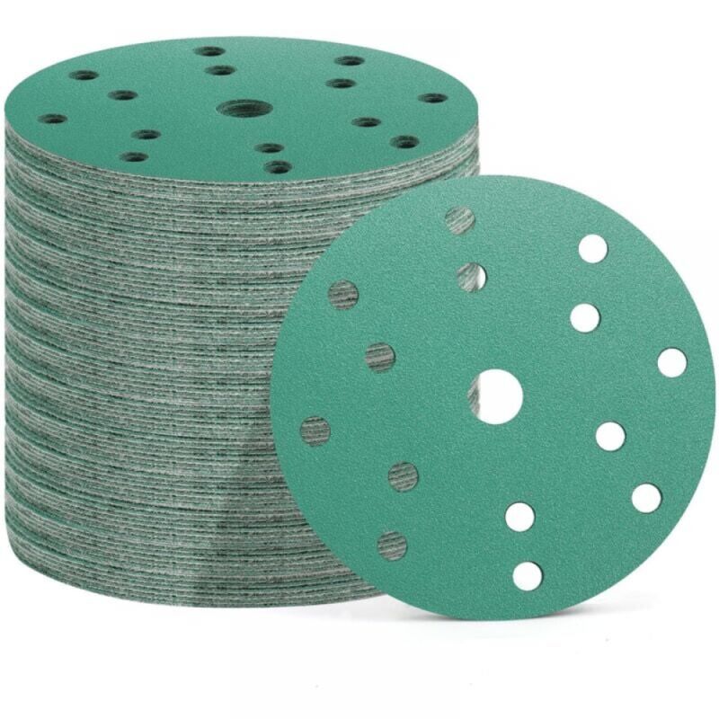 foto del prodotto 50 dischi abrasivi da 150 mm, 15 fori, 10 grane 60 80 120 180 400, carta vetrata per levigatrice orbitale verde 