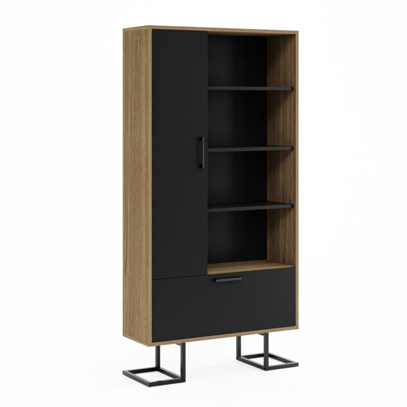 foto del prodotto libreria full moon, truciolare melaminico, metallo, nero, rovere, 90x30x180 cm