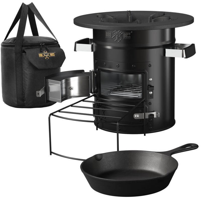 foto del prodotto bbq boss bbqboss forno da campeggio rocket stove con padella e piastra per grigliare in ghisa forno bbq in acciaio nero stufa a legna con supporto