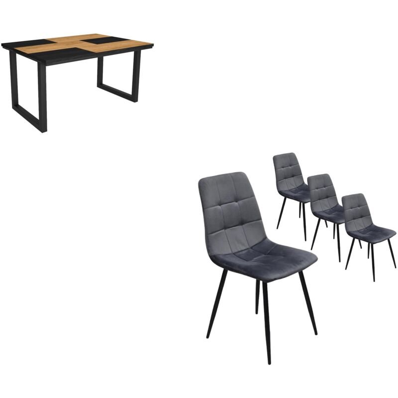 foto del prodotto set mobili, tavolo da pranzo, 140, rovere e nero, stile industriale, tavolo, pack di 4 sedie da pranzo, sedia imbottita skraut home