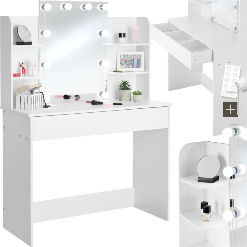 foto del prodotto tavolo da trucco luise, specchio hollywood, cassetto, 4 ripiani toeletta trucco, tavolo makeup, tavolino trucco