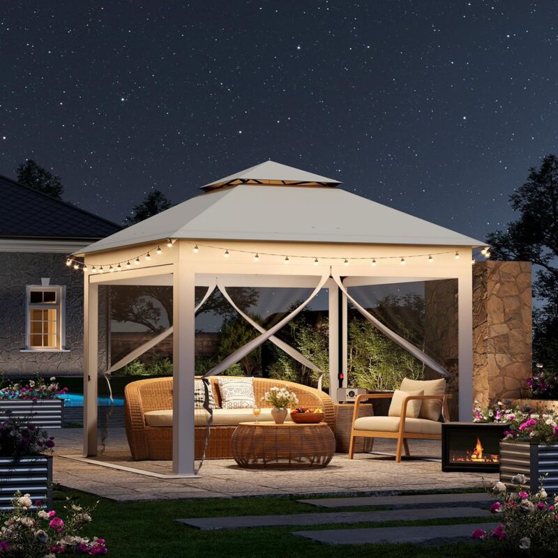 foto del prodotto gazebo 3x3 pieghevole impermeabile con tende zanzariere e borsa per trasporto, beige woltu