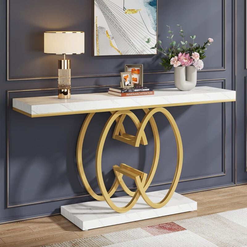 foto del prodotto tavolo consolle da ingresso da 140 cm, forma di c, in finto marmo dorato, tavolo da ingresso per ingresso, moderno tavolo d accento per soggiorno,