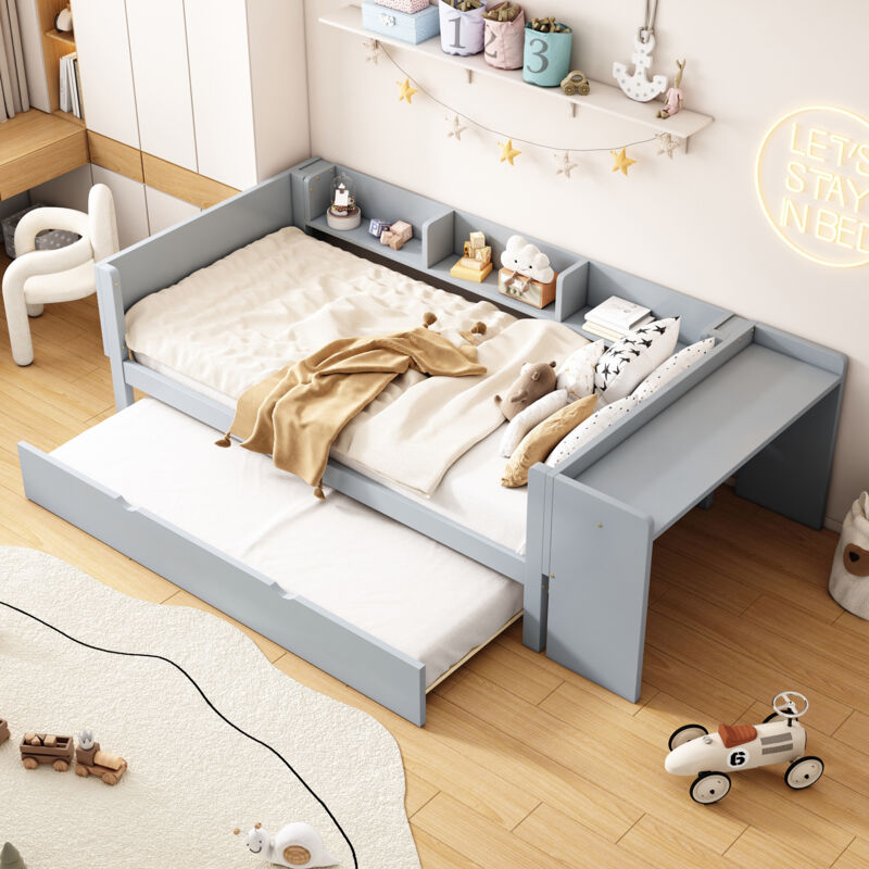 foto del prodotto letti con letti estraibili 90x200cm 90x180cm letti singoli per bambini con scrivania e ripiano, pino, senza materasso, grigio chiaro