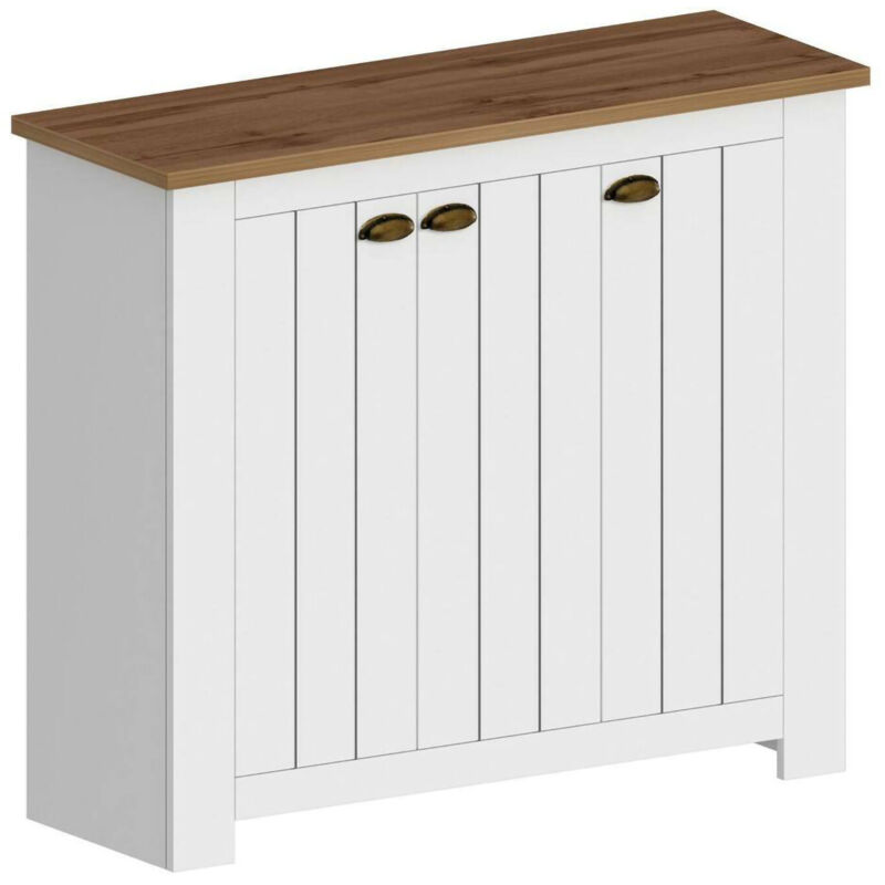 foto del prodotto scarpiera seprio, porta scarpe salvaspazio a 3 ante, armadio multifunzione da ingresso, 114x42h100 cm, bianco e rovere dmora