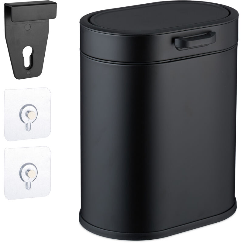 foto del prodotto relaxdays cestino da bagno, con adesivo da muro o gancio per anta, pattumiera 5 l, secchio interno, in ferro, nero