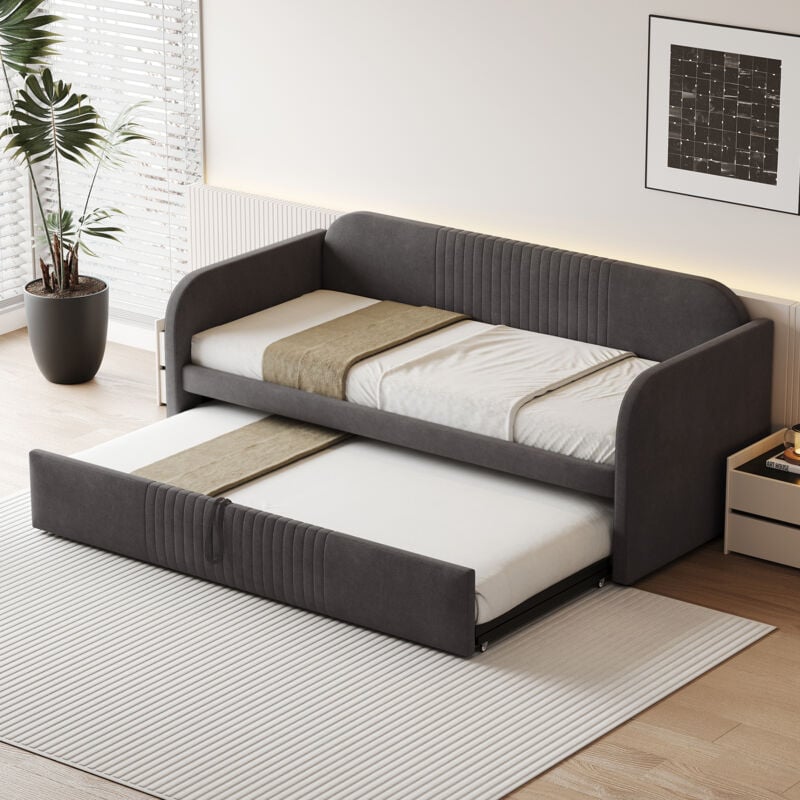 foto del prodotto letti con letti estraibili 90 180x190cm divani letti singoli per adulti, rete a doghe, senza materasso, lino, grigio