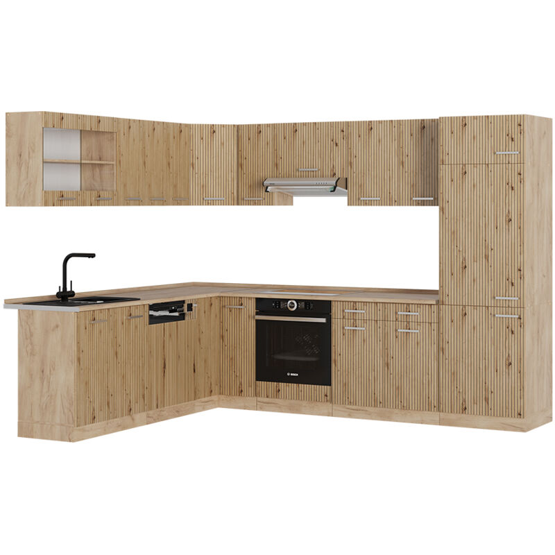 foto del prodotto cucina angolare completa r line, rovere artigianale rovere goldkraft, 227 x 287 cm senza piano di lavoro, vicco