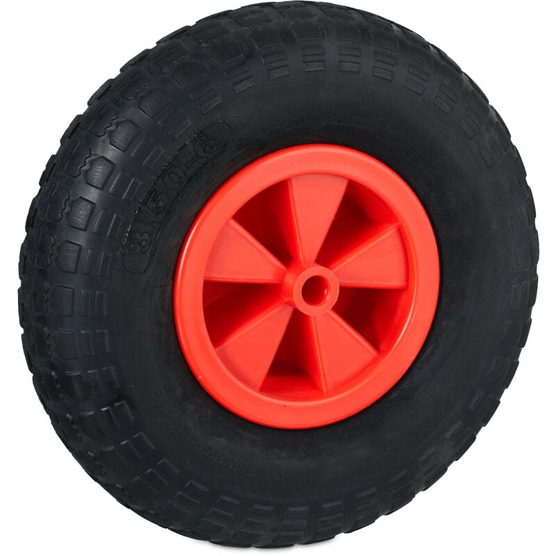 foto del prodotto ruota per carriola 3.50 6, gomma piena antiforatura, cerchione plastica, ruotino scorta, 100 kg, nero rosso relaxdays