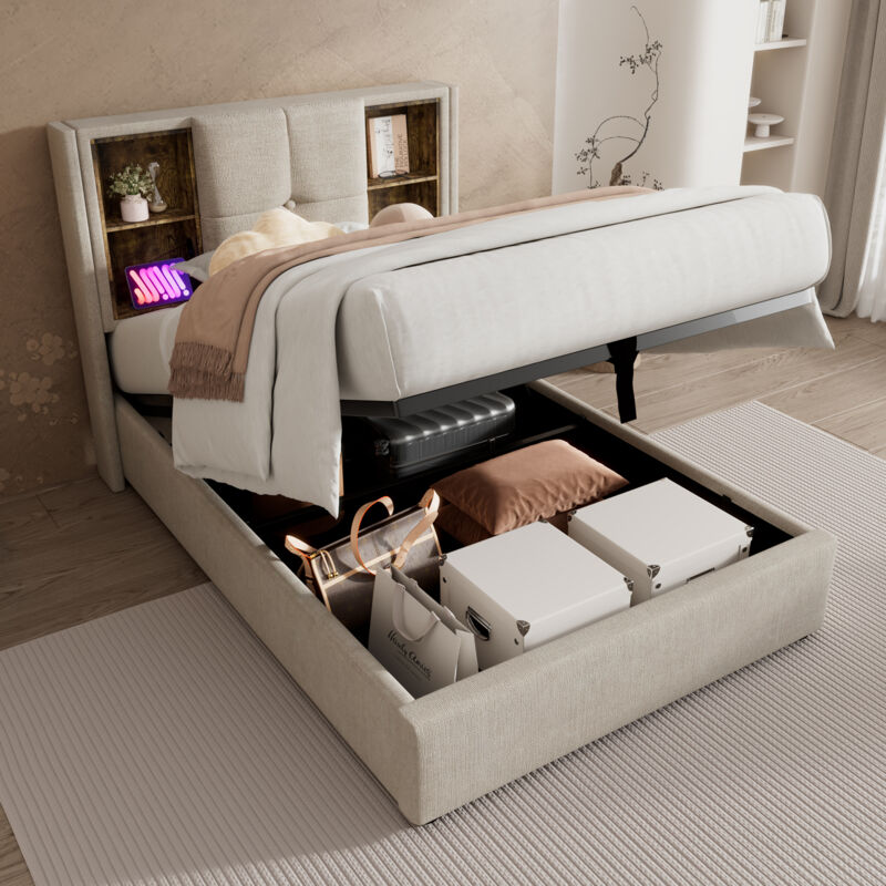 foto del prodotto letto contenitore 90 x 200 cm, con ricarica usb c, legno, lino, naturale senza materasso 