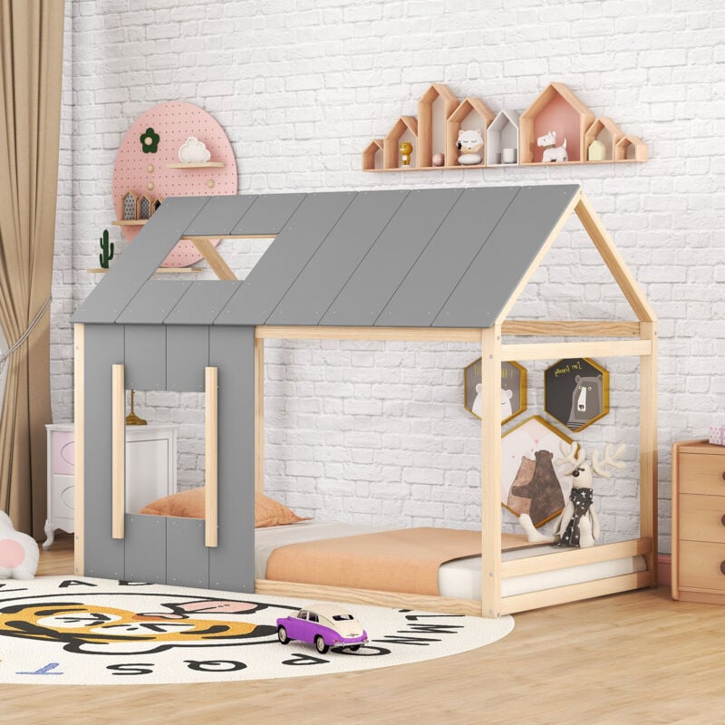foto del prodotto lettino per bambini 90 x 200 cm, lettino per bambini a forma di casa, letto piatto a casa singola con tetto e finestra, naturale grigio