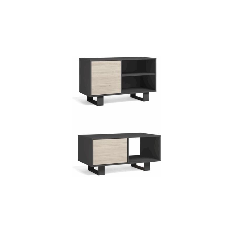 foto del prodotto set wind, set di mobili per soggiorno sala da pranzo composto da 1 mobile tv100 e 1 tavolino grigio rovere, gambe nere skraut home