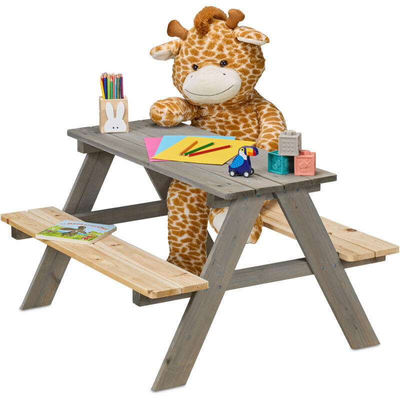foto del prodotto tavolino da bambini con panche esterno, tavolo da picnic giardino, 4 posti, 51x90x78cm, legno naturale, grigio relaxdays