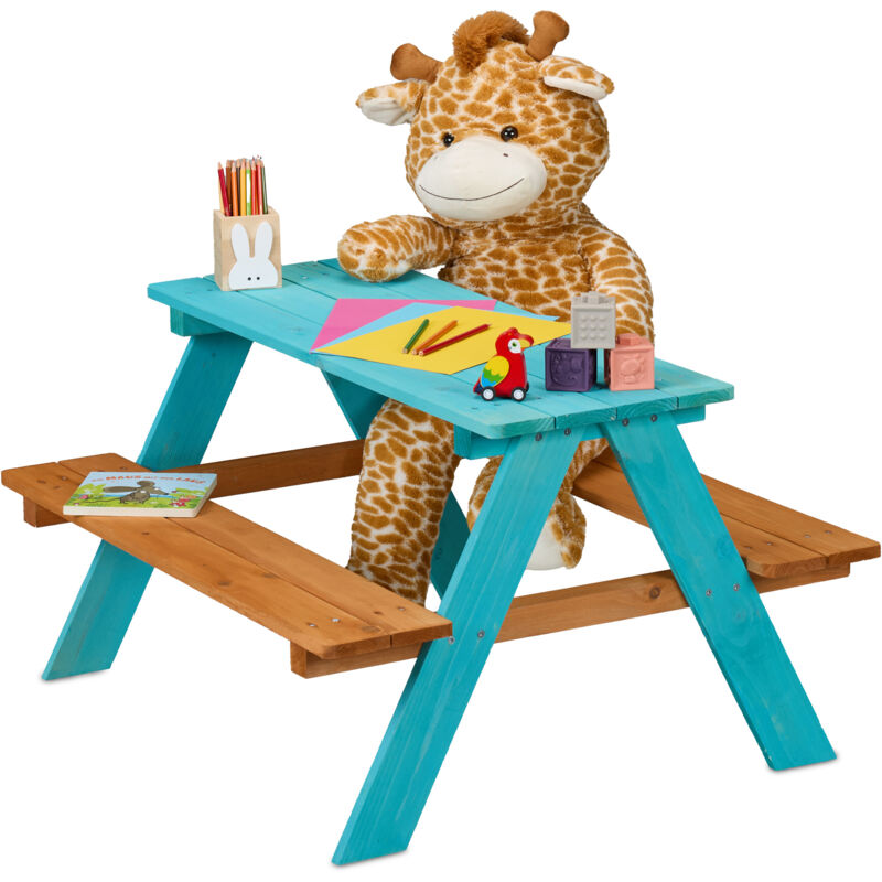 foto del prodotto relaxdays tavolino da bambini con panche da esterno, tavolo da picnic giardino, 4 posti, 51x90x78cm, legno naturale, blu