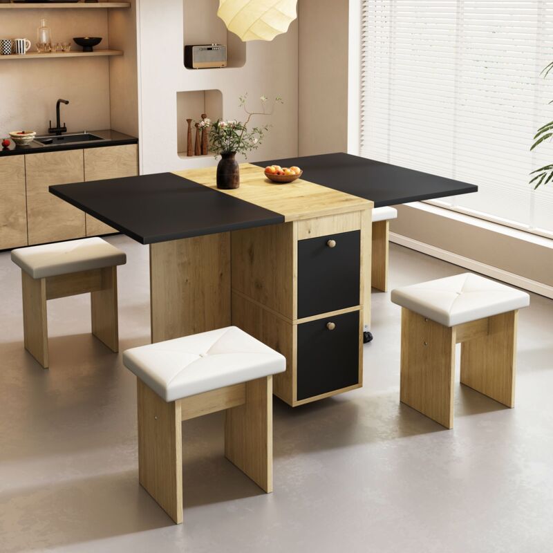 foto del prodotto set tavolo e sedie, 1 tavolo da pranzo 120x80x75cm 4 sedie, retrattile, multifunzionale, pannello truciolar, nero bianco naturale
