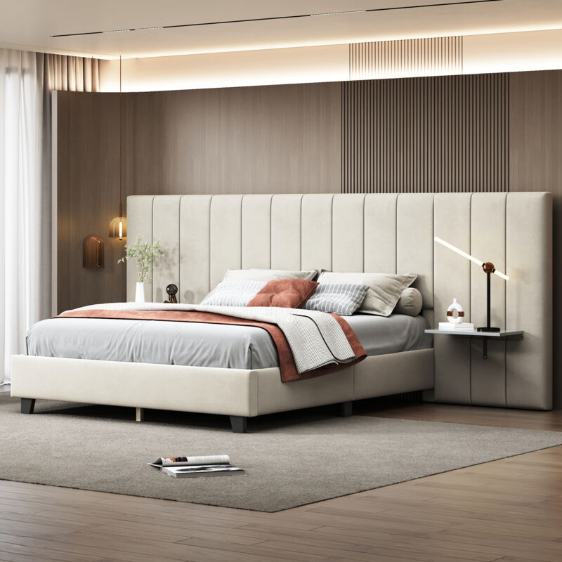 foto del prodotto letti matrimoniale per adulti 160x200cm con testiera e schienale allungati, con ripiano, senza materasso, velluto, beige