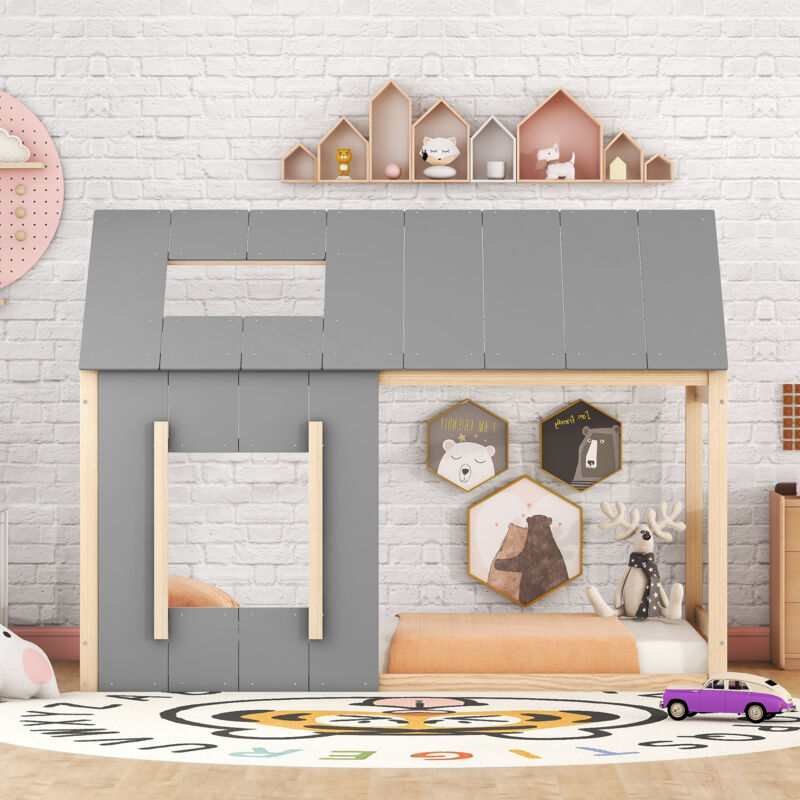 foto del prodotto letto per bambini 90 x 200 cm, forma a cabina, letto a cabina, letto singolo grigio naturale