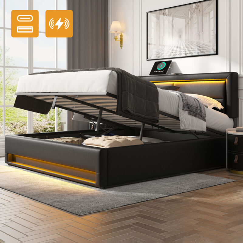 foto del prodotto letti contenitori 140x190cm, letti matrimoniale led, senza materasso, letti per adulti, pu, nero