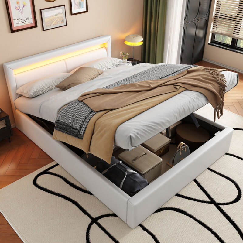 foto del prodotto letti contenitori 140x190 cm letti matrimoniali per adulti bambini, rete a doghe, led, pu, senza materasso, bianco