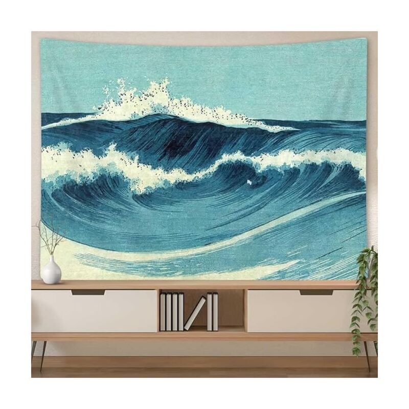 foto del prodotto bebusingoto arazzo da parete vintage con motivo oceano, arazzo da parete vintage con acquerello blu, motivo anime giapponese, decorazione da parete