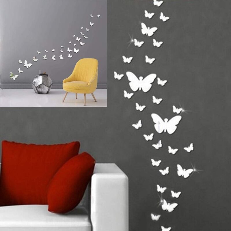 foto del prodotto bebusingoto 25 pezzi adesivi murali effetto specchio a farfalla argentata decorazione a specchio per mobili da camera da letto soggiorno tv adesivo