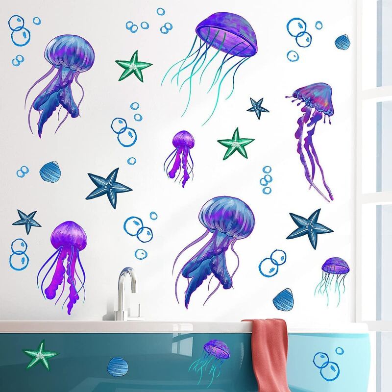 foto del prodotto bebusingoto adesivi murali meduse giganti, meduse blu, stelle marine, adesivi murali rimovibili, conchiglie di pesci marini, decorazioni da parete